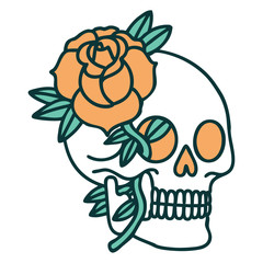 tattoo style icon of a skull and rose