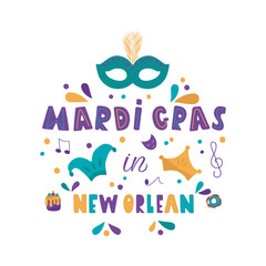 1. MARDI GRAS IN NEW ORLEAN carnival party vector masquerade celebration festival icon design flat style. Colorful lettering with carnival mask, joker, crown, cake on white background. Celebration vec