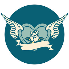 tattoo style icon of a flying heart with flowers and banner