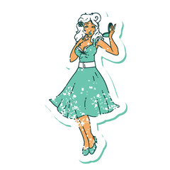 distressed sticker tattoo style icon  of a pinup surprised girl