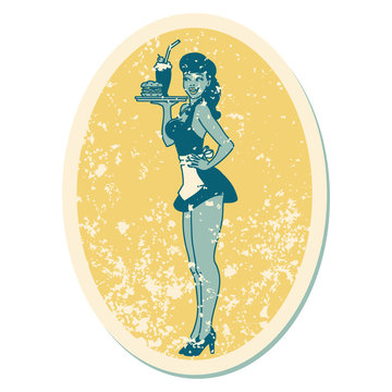 distressed sticker tattoo style icon of a pinup waitress girl