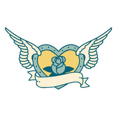 tattoo style icon of a flying heart with flowers and banner