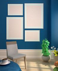 cztery puste szablony plakatów z ramkami na niebieskiej ścianie na tle wnętrza pokoju z kwiatami, ilustracja 3D