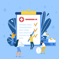 Cartoon Health Workers Characters Conducting New Innovative Medication Tests and Noting Results in Clipboard. Vector Huge Flat Medicine Check List. Insurance Document. Metaphor Illustration