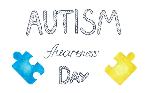 Autism awareness day watercolor illustration with lettering. Greeting post card, leaflet, flyer decoration
