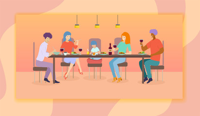 Happy Family Celebration and Sparetime. Parents, Friends and Kid Sitting Around Table Celebrating Anniversary, Birthday, Visiting Cafe for Meeting. Sweet Life Moments. Cartoon Flat Vector Illustration