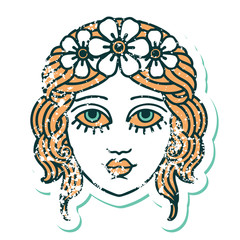 distressed sticker tattoo style icon of female face with crown of flowers