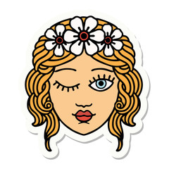 tattoo style sticker of a maidens face winking