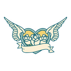 tattoo style icon of a flying heart with flowers and banner