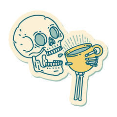 tattoo style sticker of a skull drinking coffee