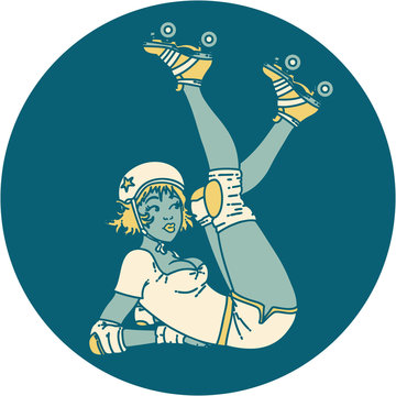 Tattoo Style Icon Of A Pinup Roller Derby Girl