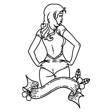 black line tattoo of a pinup swimsuit girl with banner