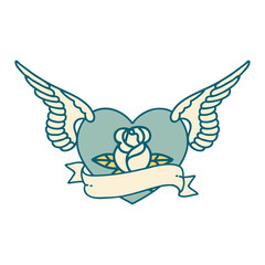 tattoo style icon of a flying heart with flowers and banner