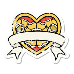 traditional distressed sticker tattoo of a heart and banner with flowers