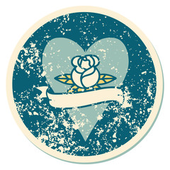 distressed sticker tattoo style icon of a heart rose and banner