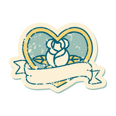 distressed sticker tattoo style icon of a heart rose and banner