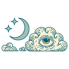 tattoo style icon of a moon stars and cloud
