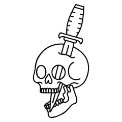 black line tattoo of a skull and dagger