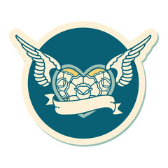 tattoo style sticker of a flying heart with flowers and banner
