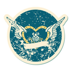 distressed sticker tattoo style icon of a flying heart with flowers and banner