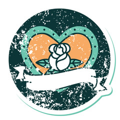 distressed sticker tattoo style icon of a heart rose and banner