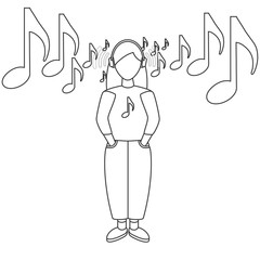 Hipster girl listening to music in headphones, sketch style. Millennial girl with headphones and musical notes around, enjoying music beat, coloring page. Modern hand drawn vector illustration