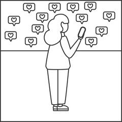 Hipster girl looking at phone and getting likes on social media, sketch style. Millennial girl blogger chatting  with hearts likes. Coloring page. Modern hand drawn vector illustration