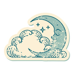 distressed sticker tattoo style icon of a crescent moon and clouds