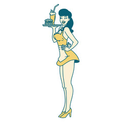 tattoo style icon of a pinup waitress girl