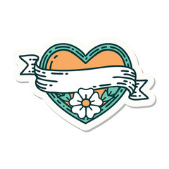 tattoo style sticker of a heart and banner with flowers