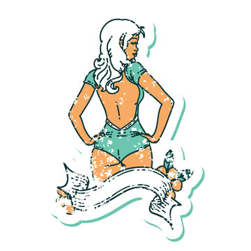 distressed sticker tattoo style icon of a pinup swimsuit girl with banner