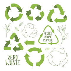 Set of green recycling signs and sprigs with leaves, isolated on white background. Vector reuse symbols. Perfect for ecological design, eco-friendly packaging. Zero waste lifestyle. - 325438142