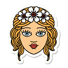 tattoo style sticker of female face with crown of flowers