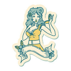 tattoo style sticker of a pinup surprised girl with banner