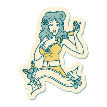 tattoo style sticker of a pinup surprised girl with banner