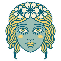 tattoo style icon of female face with crown of flowers
