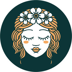 tattoo style icon of female face with eyes closed