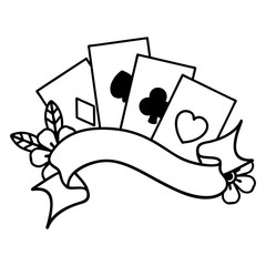 black line tattoo of cards and banner with flowers