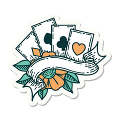 tattoo style sticker of cards and banner