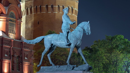 The monument to Marshal Zhukov near the Historical Museum at night timelapse . Moscow, Russia
