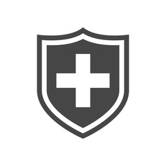 Medical shield with cross icon. Black pictogram. Modern flat design vector illustration, new concept for web banners, web site, infographics. Vector icon graphic art isolated on white background.