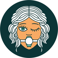 tattoo style icon of winking female face with ball gag
