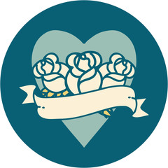 tattoo style icon of a heart and banner with flowers