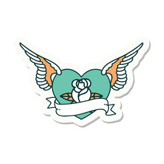 tattoo style sticker of a flying heart with flowers and banner