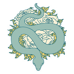 tattoo style icon of a snake and roses