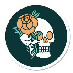 tattoo style sticker of a skull and rose