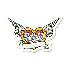 tattoo style sticker of a flying heart with flowers and banner