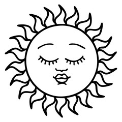 black line tattoo of a sun with face