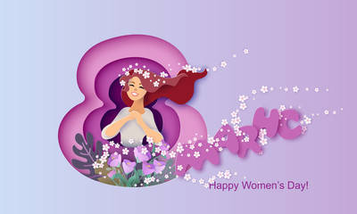Card for 8 March Happy womens day Paper cut style