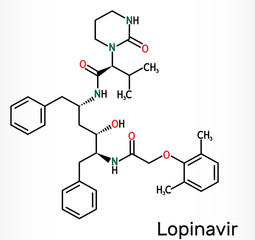 Lopinavir molecule. It is  antiretroviral protease inhibitor, used in with ritonavir in therapy of human immunodeficiency virus HIV infection and acquired immunodeficiency syndrome AIDS, 2019-ncov